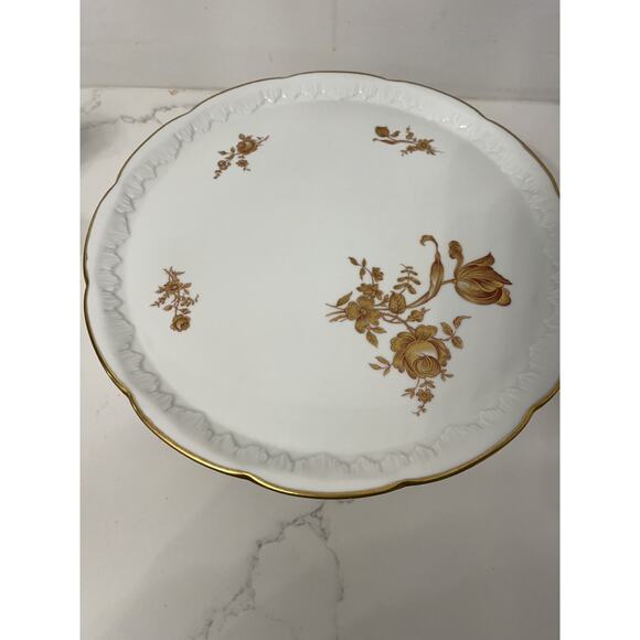 Limoges France Cake Stand Porcelain White Gold Trim Floral Vtg - Picture 3 of 5